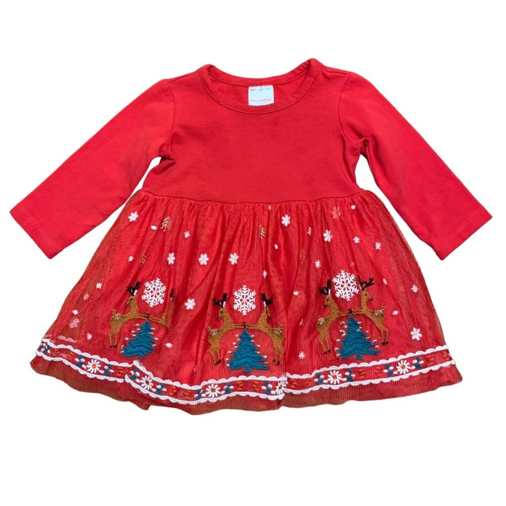 HANNA ANDERSSON Christmas Dress Baby Girls 3-6 Embroidered Reindeer Tulle Infant